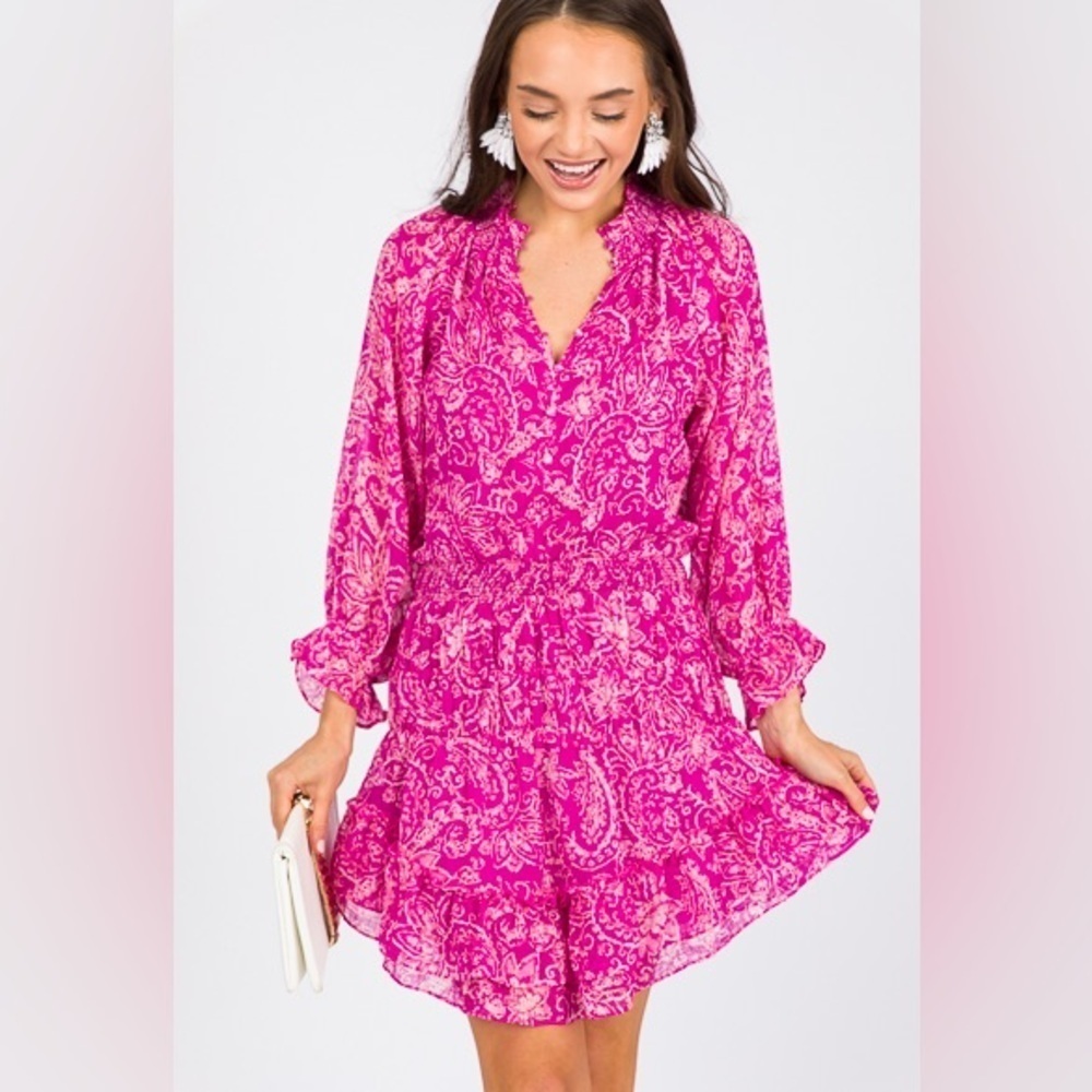 FATE Hot Pink Paisley Long Sleeve Ruffle Mini Dress